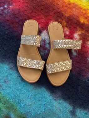 a new day Tan Slide Sandals with Sparkling Rhinestone Straps